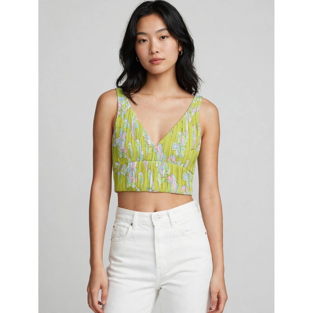 Zara Pleated Crop Top Womens M Green Pastel Floral Abstract V-Neck Summer Boho